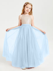 Robe Longue de Demoiselle d'Honneur Junior avec Haut en Paillettes et Jupe en Tulle Bleu Ciel