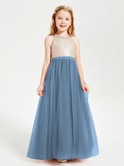 Robe Longue de Demoiselle d'Honneur Junior avec Haut en Paillettes et Jupe en Tulle Bleu de Schiste