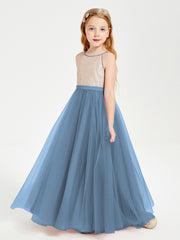 Robe Longue de Demoiselle d'Honneur Junior avec Haut en Paillettes et Jupe en Tulle Bleu de Schiste
