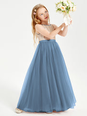 Robe Longue de Demoiselle d'Honneur Junior avec Haut en Paillettes et Jupe en Tulle Bleu de Schiste