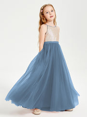 Robe Longue de Demoiselle d'Honneur Junior avec Haut en Paillettes et Jupe en Tulle Bleu de Schiste