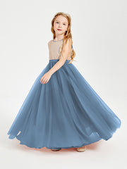 Robe Longue de Demoiselle d'Honneur Junior avec Haut en Paillettes et Jupe en Tulle Bleu de Schiste