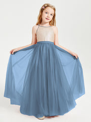 Robe Longue de Demoiselle d'Honneur Junior avec Haut en Paillettes et Jupe en Tulle Bleu de Schiste