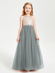 Robe Longue de Demoiselle d'Honneur Junior avec Haut en Paillettes et Jupe en Tulle Gris Acier