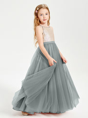 Robe Longue de Demoiselle d'Honneur Junior avec Haut en Paillettes et Jupe en Tulle Gris Acier