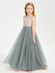 Robe Longue de Demoiselle d'Honneur Junior avec Haut en Paillettes et Jupe en Tulle Gris Acier