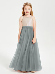 Robe Longue de Demoiselle d'Honneur Junior avec Haut en Paillettes et Jupe en Tulle Gris Acier