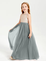 Robe Longue de Demoiselle d'Honneur Junior avec Haut en Paillettes et Jupe en Tulle Gris Acier