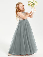 Robe Longue de Demoiselle d'Honneur Junior avec Haut en Paillettes et Jupe en Tulle Gris Acier