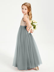 Robe Longue de Demoiselle d'Honneur Junior avec Haut en Paillettes et Jupe en Tulle Gris Acier