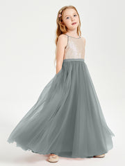 Robe Longue de Demoiselle d'Honneur Junior avec Haut en Paillettes et Jupe en Tulle Gris Acier