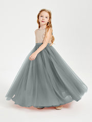Robe Longue de Demoiselle d'Honneur Junior avec Haut en Paillettes et Jupe en Tulle Gris Acier