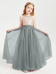 Robe Longue de Demoiselle d'Honneur Junior avec Haut en Paillettes et Jupe en Tulle Gris Acier
