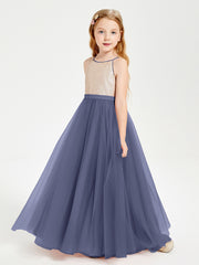 Robe Longue de Demoiselle d'Honneur Junior avec Haut en Paillettes et Jupe en Tulle Orageux