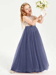 Robe Longue de Demoiselle d'Honneur Junior avec Haut en Paillettes et Jupe en Tulle Orageux