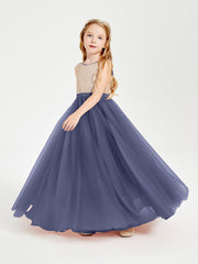 Robe Longue de Demoiselle d'Honneur Junior avec Haut en Paillettes et Jupe en Tulle Orageux