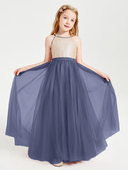 Robe Longue de Demoiselle d'Honneur Junior avec Haut en Paillettes et Jupe en Tulle Orageux
