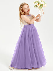 Robe Longue de Demoiselle d'Honneur Junior avec Haut en Paillettes et Jupe en Tulle Tahiti