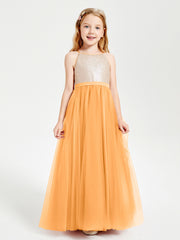 Robe Longue de Demoiselle d'Honneur Junior avec Haut en Paillettes et Jupe en Tulle Mandarine