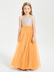 Robe Longue de Demoiselle d'Honneur Junior avec Haut en Paillettes et Jupe en Tulle Mandarine