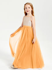 Robe Longue de Demoiselle d'Honneur Junior avec Haut en Paillettes et Jupe en Tulle Mandarine