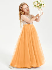 Robe Longue de Demoiselle d'Honneur Junior avec Haut en Paillettes et Jupe en Tulle Mandarine