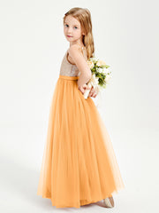 Robe Longue de Demoiselle d'Honneur Junior avec Haut en Paillettes et Jupe en Tulle Mandarine