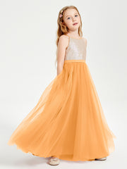 Robe Longue de Demoiselle d'Honneur Junior avec Haut en Paillettes et Jupe en Tulle Mandarine