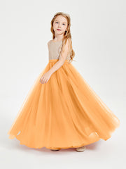 Robe Longue de Demoiselle d'Honneur Junior avec Haut en Paillettes et Jupe en Tulle Mandarine