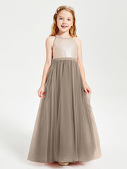 Robe Longue de Demoiselle d'Honneur Junior avec Haut en Paillettes et Jupe en Tulle Taupe