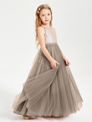 Robe Longue de Demoiselle d'Honneur Junior avec Haut en Paillettes et Jupe en Tulle Taupe