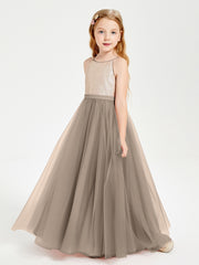 Robe Longue de Demoiselle d'Honneur Junior avec Haut en Paillettes et Jupe en Tulle Taupe