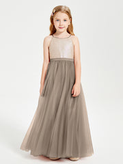 Robe Longue de Demoiselle d'Honneur Junior avec Haut en Paillettes et Jupe en Tulle Taupe