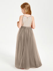 Robe Longue de Demoiselle d'Honneur Junior avec Haut en Paillettes et Jupe en Tulle Taupe