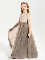 Robe Longue de Demoiselle d'Honneur Junior avec Haut en Paillettes et Jupe en Tulle Taupe