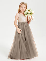 Robe Longue de Demoiselle d'Honneur Junior avec Haut en Paillettes et Jupe en Tulle Taupe