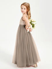 Robe Longue de Demoiselle d'Honneur Junior avec Haut en Paillettes et Jupe en Tulle Taupe