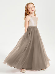 Robe Longue de Demoiselle d'Honneur Junior avec Haut en Paillettes et Jupe en Tulle Taupe