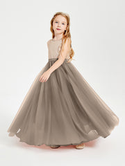 Robe Longue de Demoiselle d'Honneur Junior avec Haut en Paillettes et Jupe en Tulle Taupe