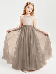 Robe Longue de Demoiselle d'Honneur Junior avec Haut en Paillettes et Jupe en Tulle Taupe