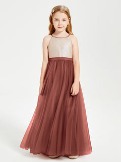 Robe Longue de Demoiselle d'Honneur Junior avec Haut en Paillettes et Jupe en Tulle Terracotta