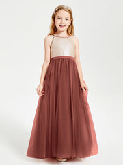 Robe Longue de Demoiselle d'Honneur Junior avec Haut en Paillettes et Jupe en Tulle Terracotta