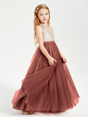 Robe Longue de Demoiselle d'Honneur Junior avec Haut en Paillettes et Jupe en Tulle Terracotta