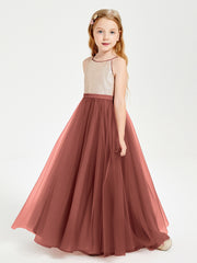 Robe Longue de Demoiselle d'Honneur Junior avec Haut en Paillettes et Jupe en Tulle Terracotta