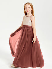 Robe Longue de Demoiselle d'Honneur Junior avec Haut en Paillettes et Jupe en Tulle Terracotta