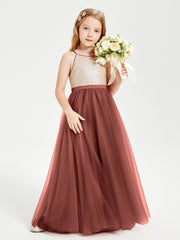 Robe Longue de Demoiselle d'Honneur Junior avec Haut en Paillettes et Jupe en Tulle Terracotta