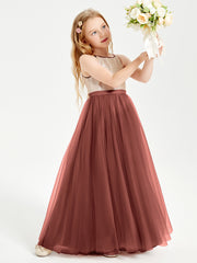 Robe Longue de Demoiselle d'Honneur Junior avec Haut en Paillettes et Jupe en Tulle Terracotta