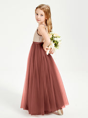 Robe Longue de Demoiselle d'Honneur Junior avec Haut en Paillettes et Jupe en Tulle Terracotta