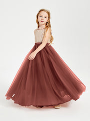 Robe Longue de Demoiselle d'Honneur Junior avec Haut en Paillettes et Jupe en Tulle Terracotta