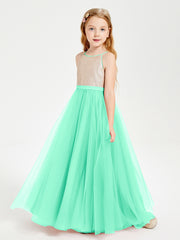 Robe Longue de Demoiselle d'Honneur Junior avec Haut en Paillettes et Jupe en Tulle Turquoise